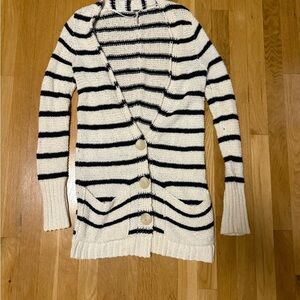 Free People FB Beach Long Duster Cardigan Sweater Navy Cream Cotton Blend XS